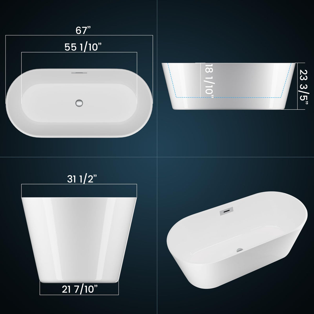 Freestanding Bathtub 59 inch Acrylic Free Standing Tub 59 Inch, Free Standing Tub with Chrome Drain & Overflow, Ergonomic Stand Alone Tub for Small Bathroom or Home Spa
