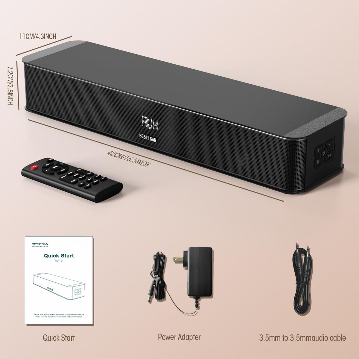BESTISAN 2.1ch Sound Bar with Built-in Subwoofer, 120W Peak Power, HDMI ARC/Opt/AUX/USB/Bluetooth 5.3, 3 EQ Modes & Volume Boost, 16.5" All-in-One for TV/PC/Gaming/Projector