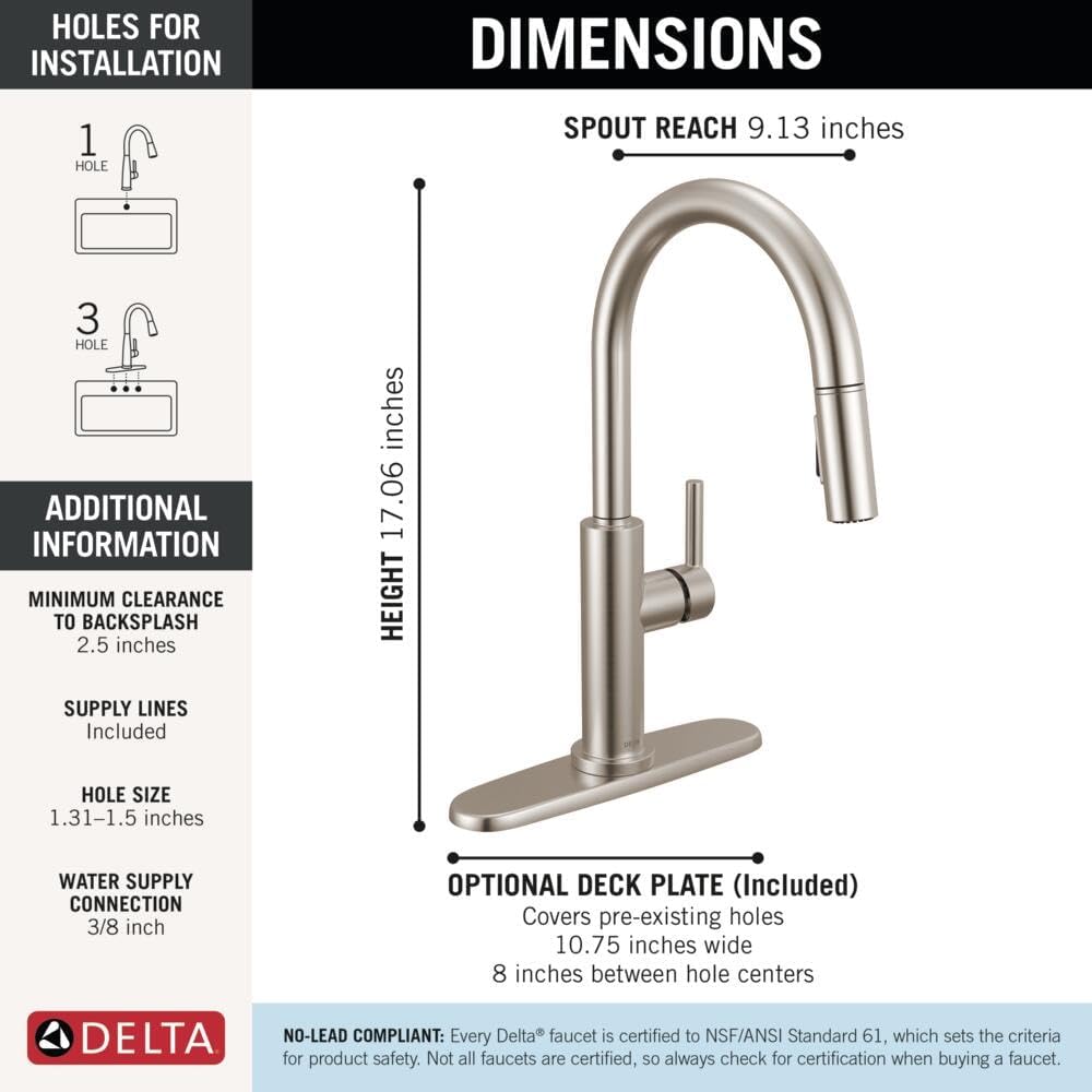 Delta Nicoli Brushed Nickel Kitchen Faucet with Pull Down Sprayer, Modern Single Hole Kitchen Sink Faucet, Single Handle, Stainless Steel 19867LF-SS