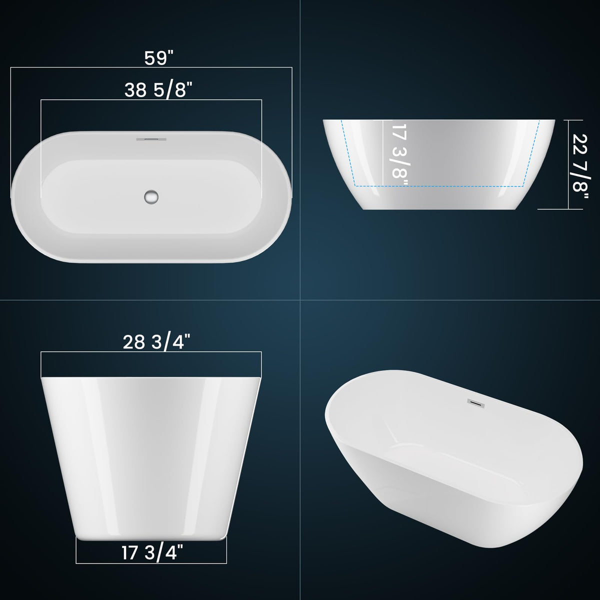 Freestanding Bathtub 59 inch Acrylic Free Standing Tub 59 Inch, Free Standing Tub with Chrome Drain & Overflow, Ergonomic Stand Alone Tub for Small Bathroom or Home Spa