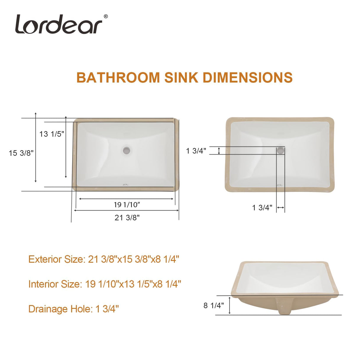 Lordear 17x12 Inch Undermount Bathroom Sink (Installation Size: 15"x10") Vanity Small Sinks Rectangle Pure White Porcelain Ceramic Bath Lavatory Vanity Sink Basin with Overflow