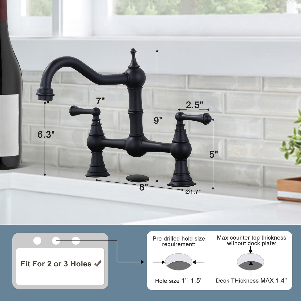 WOWOW Brass Bridge Kitchen Faucet 4 Hole with Side Sprayer, Brushed Gold