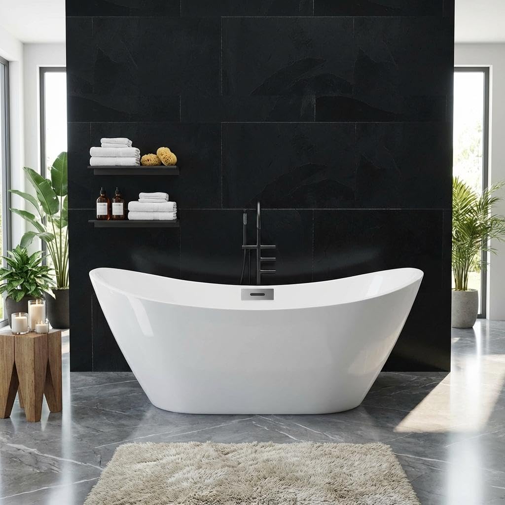 59" Acrylic Freestanding Bathtub, Modern Soaking Tub with Matte Drain and Overflow, Ergonomic Deep Design, Double-Walled Insulation, CUPC Certified, Easy Clean, Slip-Resistant, Gloss White