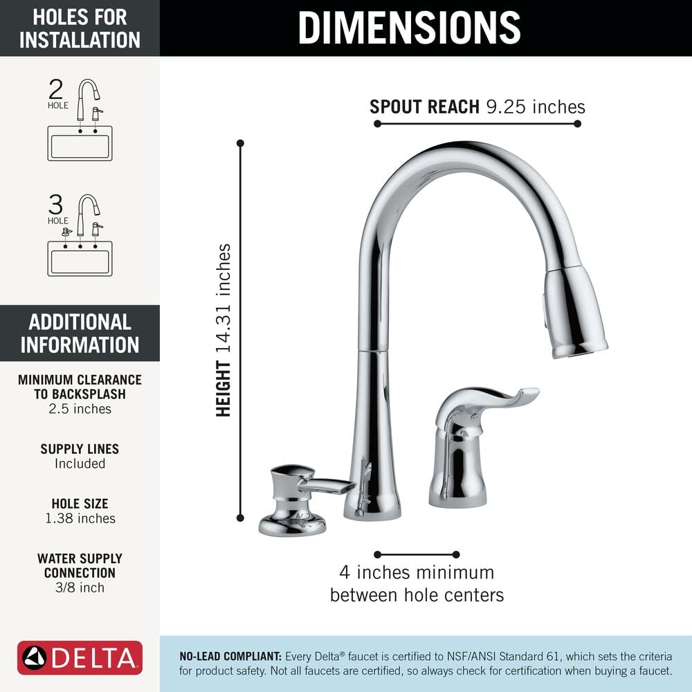 Delta Kate Brushed Nickel Kitchen Faucet with Pull Down Sprayer and Soap Disperser, Modern Two Hole Kitchen Sink Faucet, Single Handle, Stainless 16970-SSSD-DST