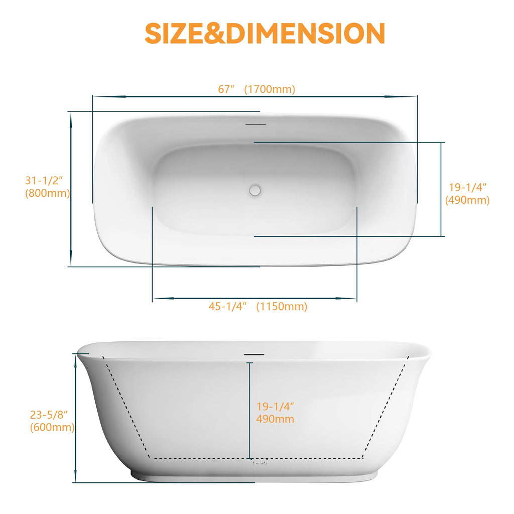 61" Freestanding Bathtubs, Acrylic Soaking Tubs for Adult, Integrated Overflow and Drain, cUPC Certified, Glossy White
