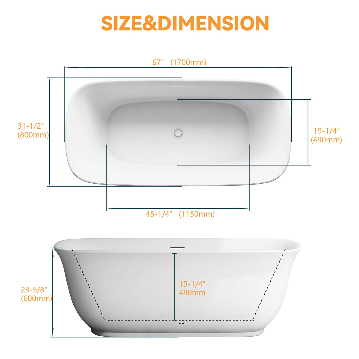 61" Freestanding Bathtubs, Acrylic Soaking Tubs for Adult, Integrated Overflow and Drain, cUPC Certified, Glossy White
