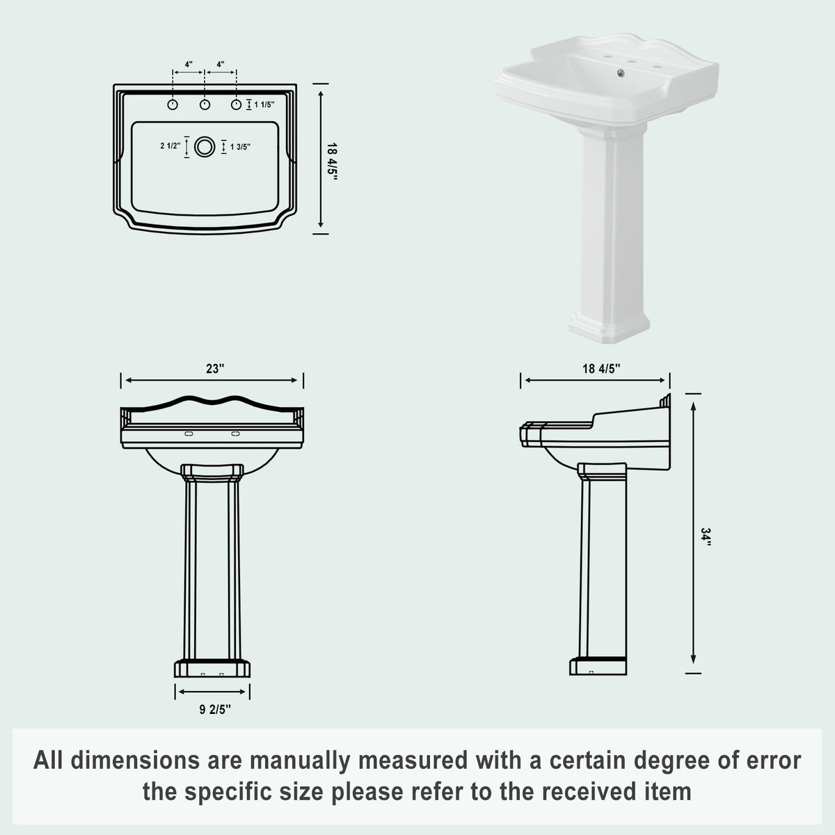 26" W X 20" D Bathroom Pedestal Sink, Rectangular White Ceramic Vanity Sink with Overflow and 3 Pre-Drilled Holes - Fits 8-Inch Faucets,Freestanding Restroom Sink Combo for Small Spaces