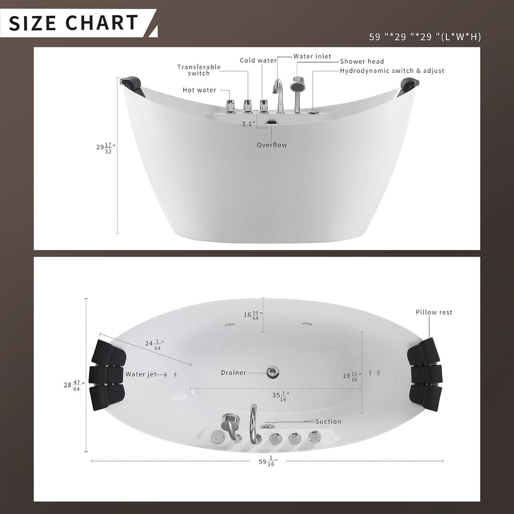 Empava 59" Freestanding Jetted Boat Shaped Whirlpool Bathtub, 8 Jets, ETL