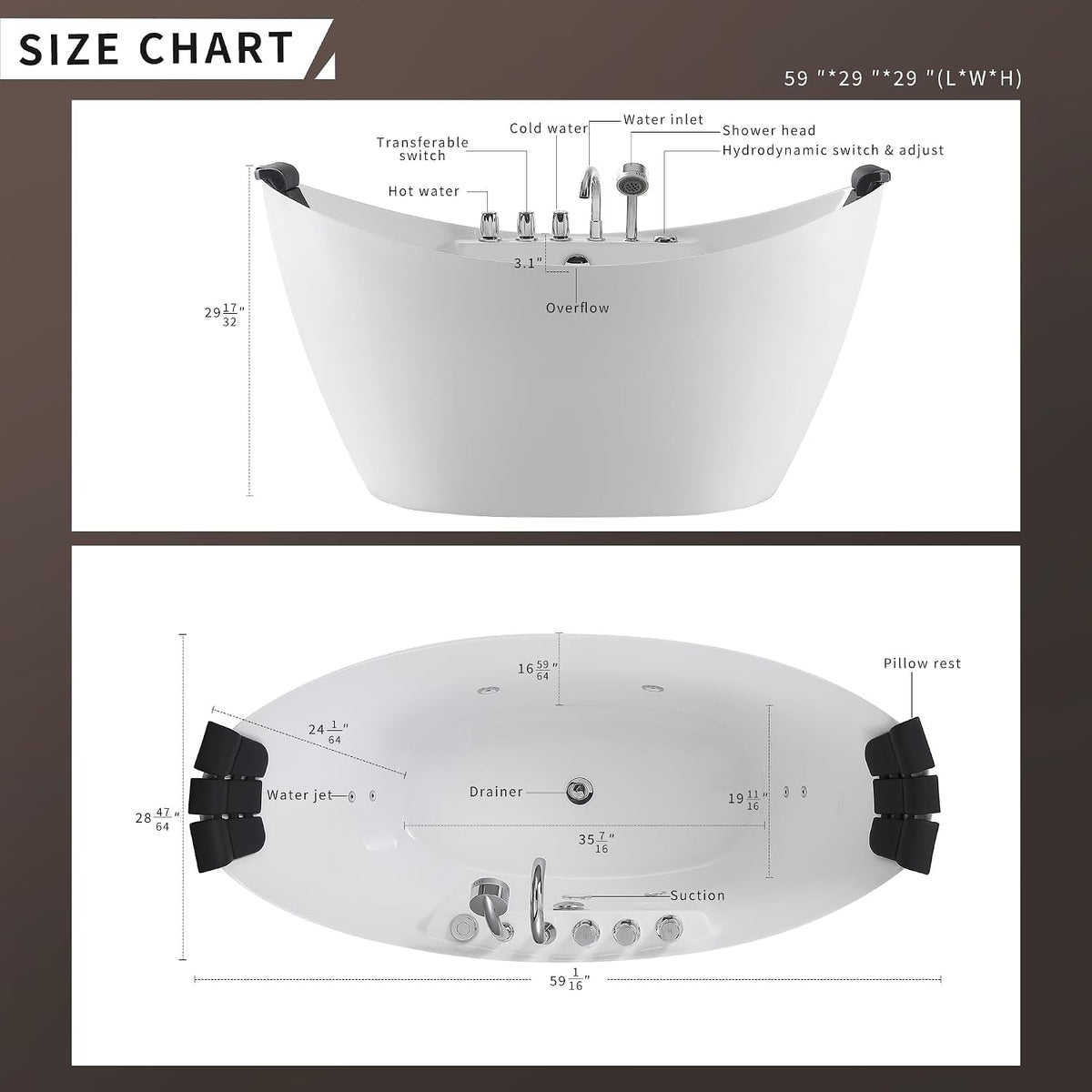 Empava 59" Freestanding Jetted Boat Shaped Whirlpool Bathtub, 8 Jets, ETL