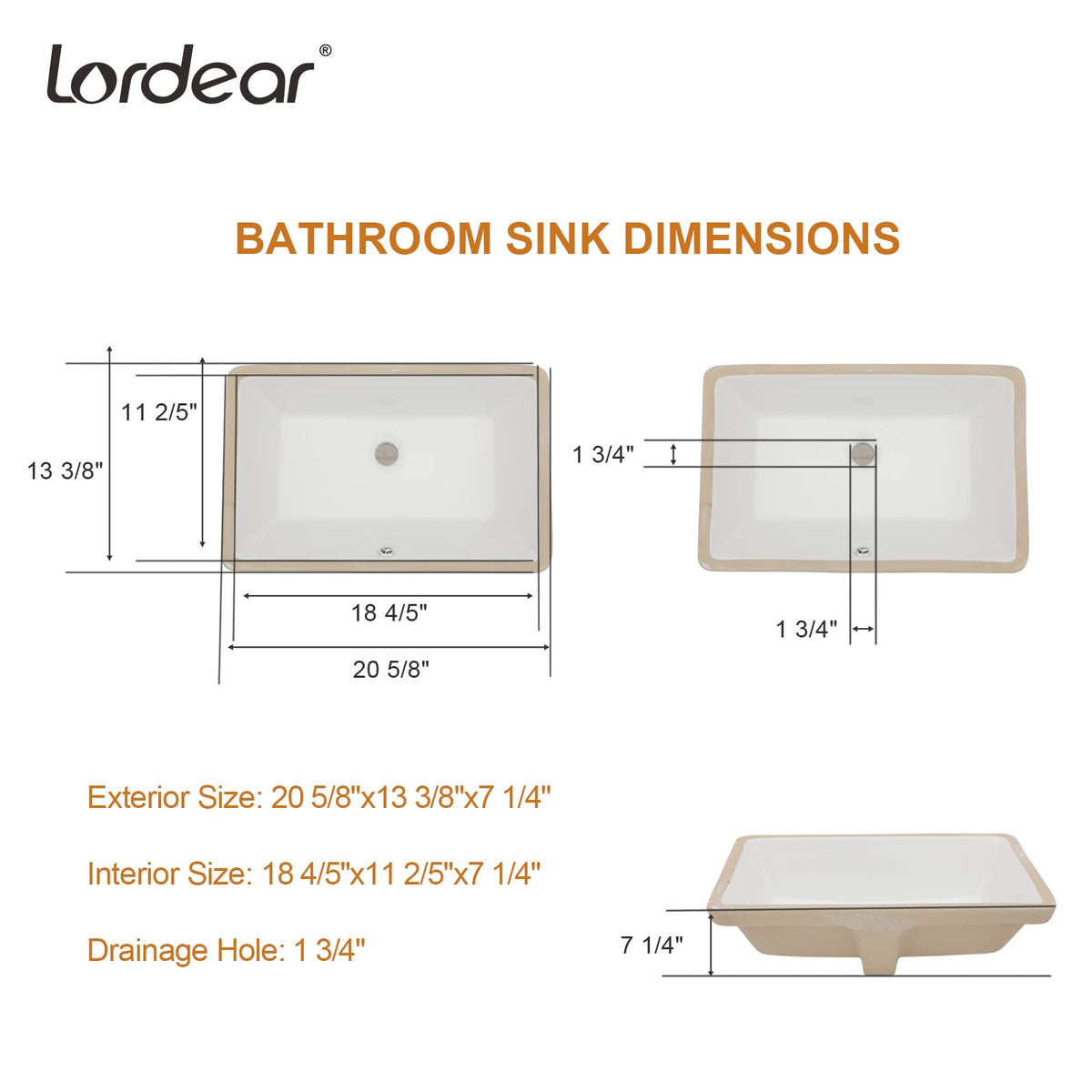 Lordear 17x12 Inch Undermount Bathroom Sink (Installation Size: 15"x10") Vanity Small Sinks Rectangle Pure White Porcelain Ceramic Bath Lavatory Vanity Sink Basin with Overflow