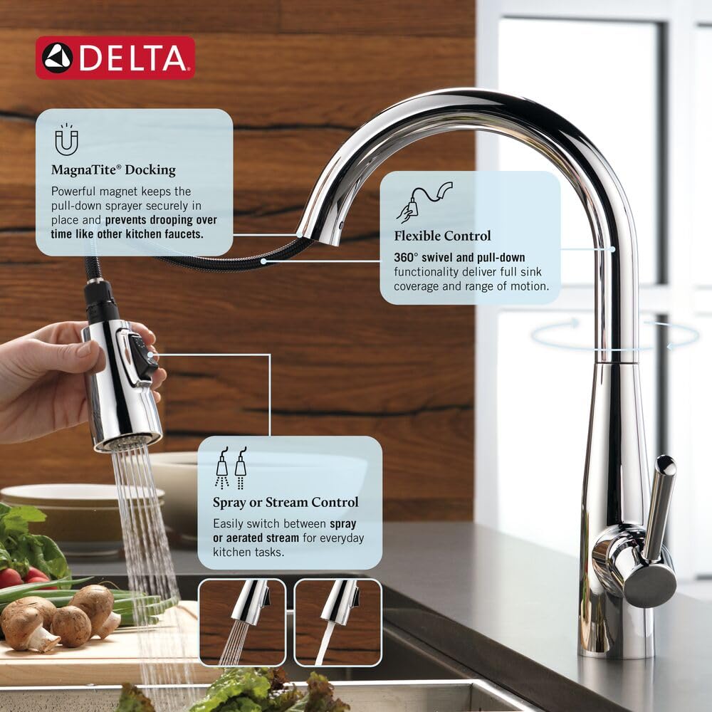 Delta Essa Brushed Nickel Kitchen Faucet with Pull Down Sprayer, Modern Single Hole Kitchen Sink Faucet, Single Handle, Arctic Stainless 9113-AR-DST