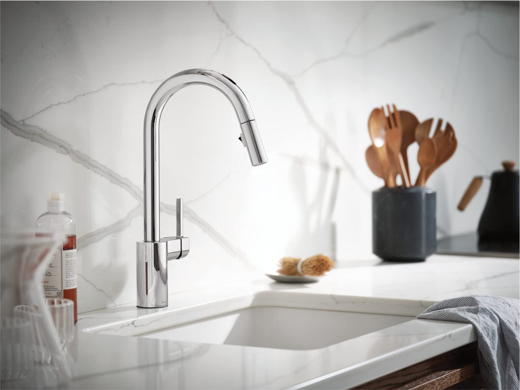 Moen Align Spot Resist Stainless Pulldown Kitchen Faucet, Single Hole, Modern Spring Style with Pre-Rinse and Power Boost Pull Down Sprayer, Easy Installation, 5923SRS
