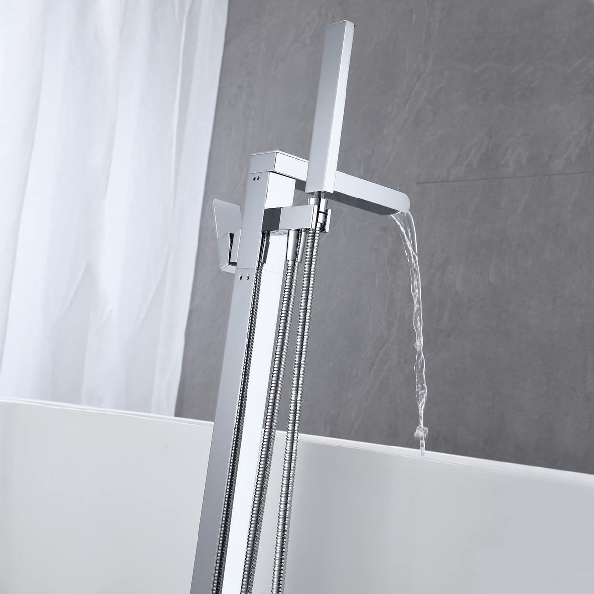 Wowkk Waterfall Tub Filler Freestanding Bathtub Faucet Black Floor Mount Brass Single Handle Bathroom Faucets with Hand Shower
