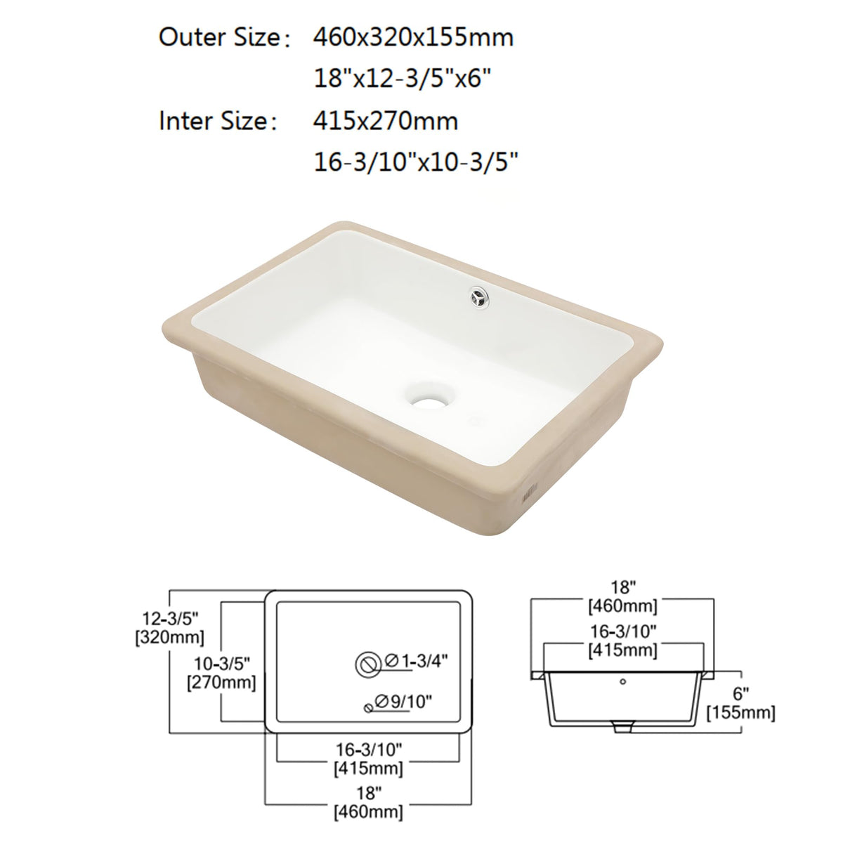 Undermount Bathroom Sink Oval - Dcolora 18"x15" White Porcelain Ceramic Oval Vessel Sink Under Counter Lavatory Vanity Bath Sink Bowl Basin With Overflow
