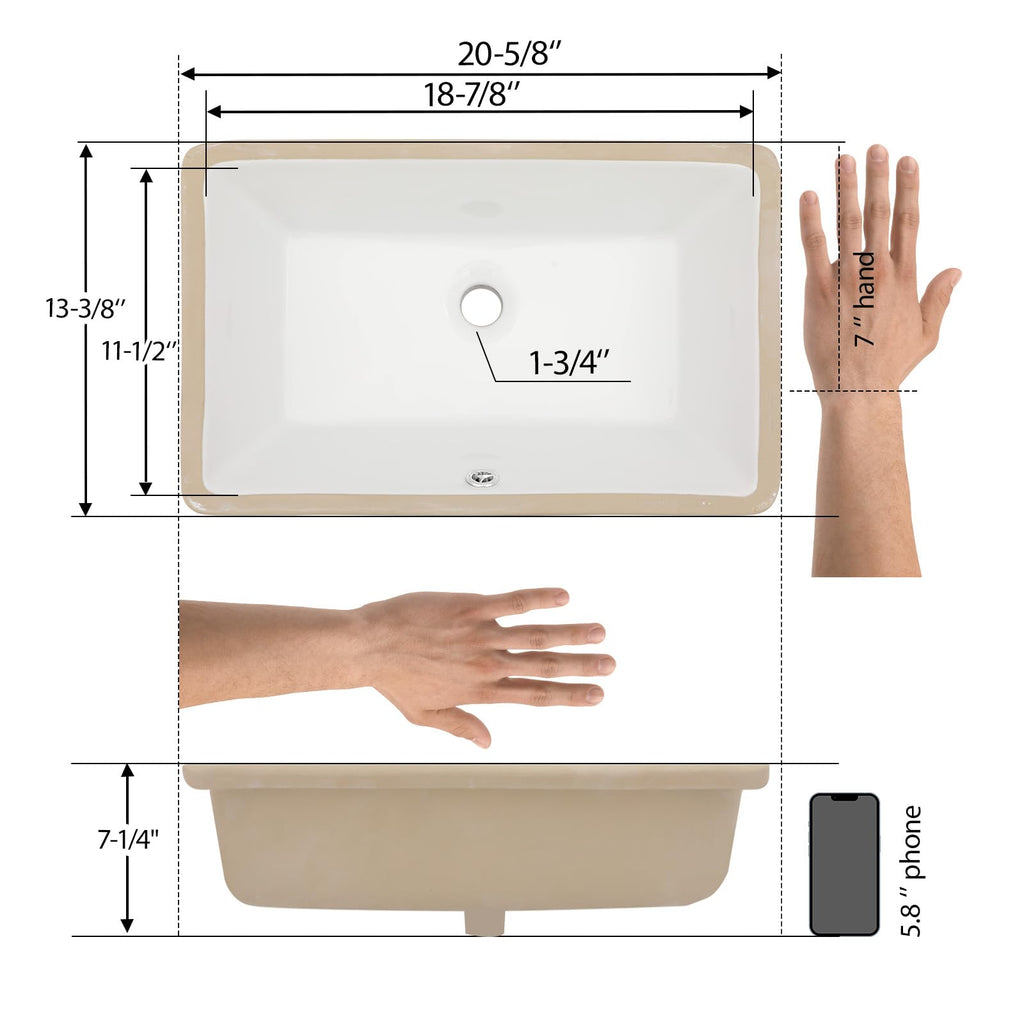 Mocoloo Bathroom Sink Undermount 22"x16" White Rectangle Porcelain Sink with Vertical Sides and Overflow Drain Under Counter Mount Ceramic Lavatory Vanity Sinks for Bathroom Interior Size 19 x 13