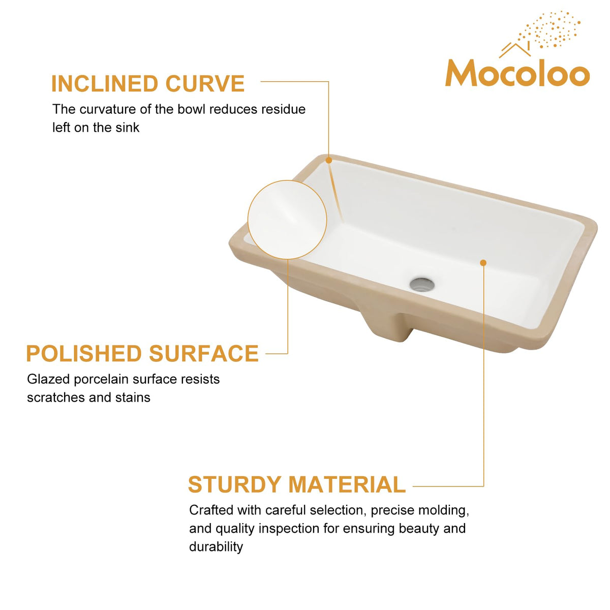 Mocoloo Bathroom Sink Undermount 22"x16" White Rectangle Porcelain Sink with Vertical Sides and Overflow Drain Under Counter Mount Ceramic Lavatory Vanity Sinks for Bathroom Interior Size 19 x 13