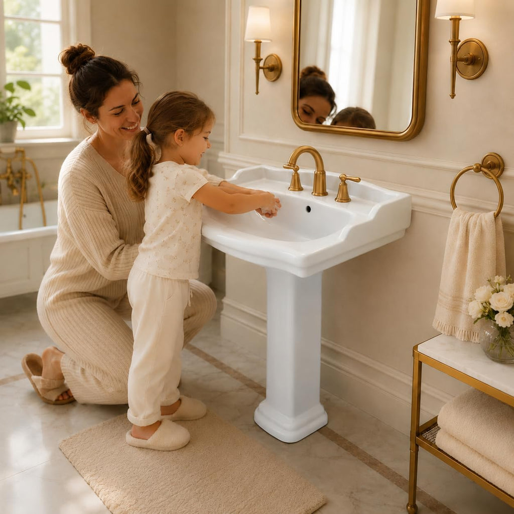 Garvee White Ceramic Pedestal Bathroom Sink, Single Hole Freestanding Basin