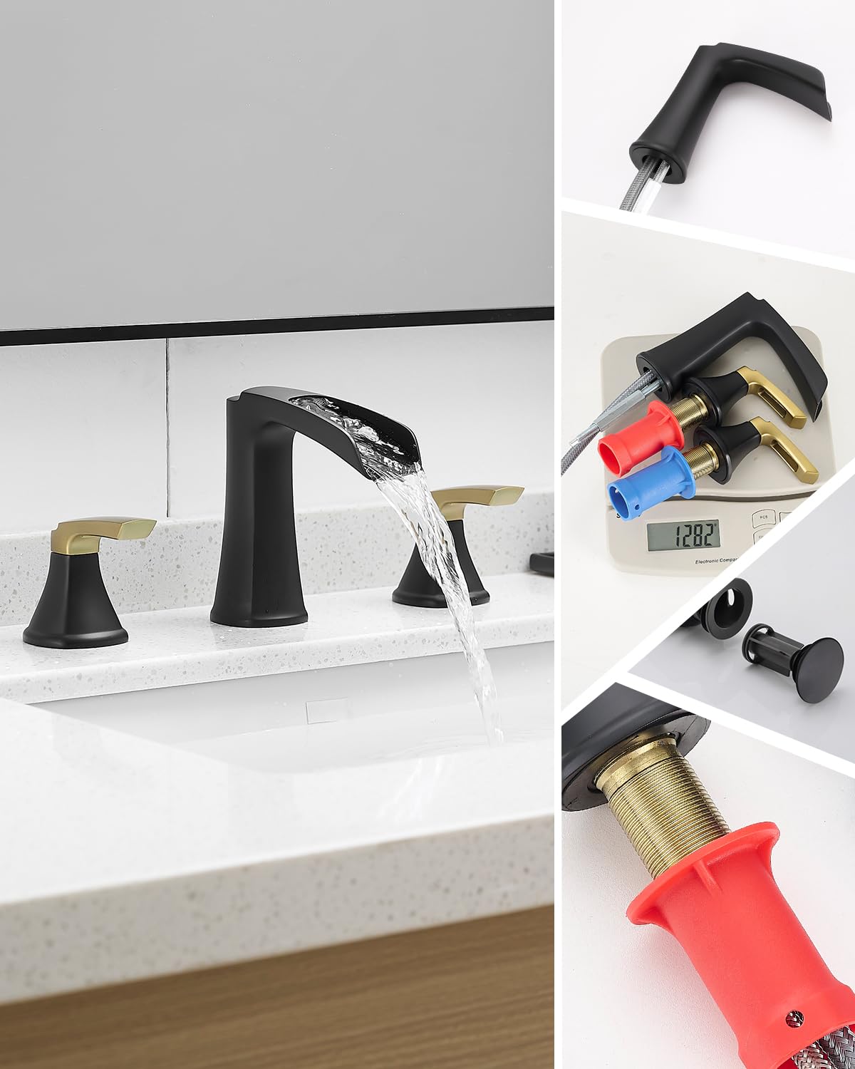 Fapully Brushed Nickel Bathroom Faucet 3 Hole, Waterfall 8 Inch Widespread Bathroom Sink Faucet with Pop-up Drain, Two-Handle Faucet for Bathroom Sink