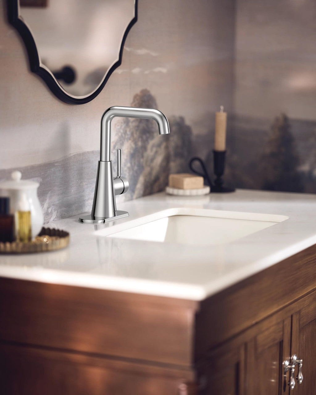 Moen Ronan Matte Black Double Bend Single Hole Modern Bathroom Sink Faucet with Optional Deckplate and Spring Loaded Drain Assembly, 84024BL