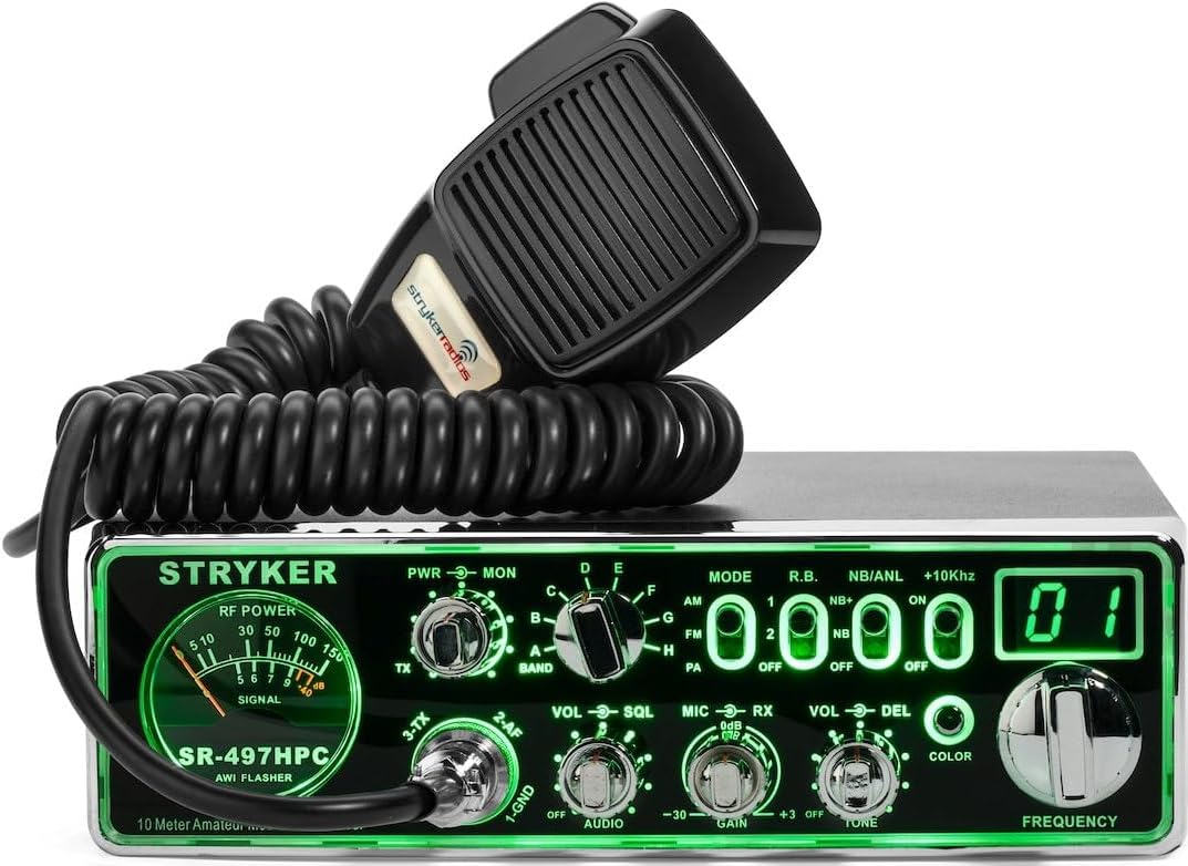Stryker SR-497HPC 10 Meter Radio, High Power 100+ Watts PEP Power Output, Brilliant 12 Color Black Light Front Panel, Up-Armored Receiver, Variable Talk Back Control, Two Different Roger Beeps