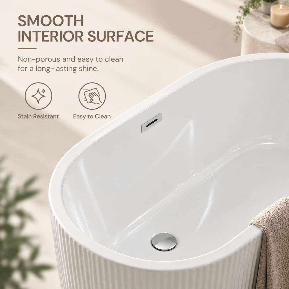 59" Acrylic Freestanding Soaking Bathtub, Deep Ergonomic Design with Lumbar Support, Integrated Overflow Drain, Non-Slip Base,cUPC Certified Modern Bathroom Tub, Easy Installation for Bathroom