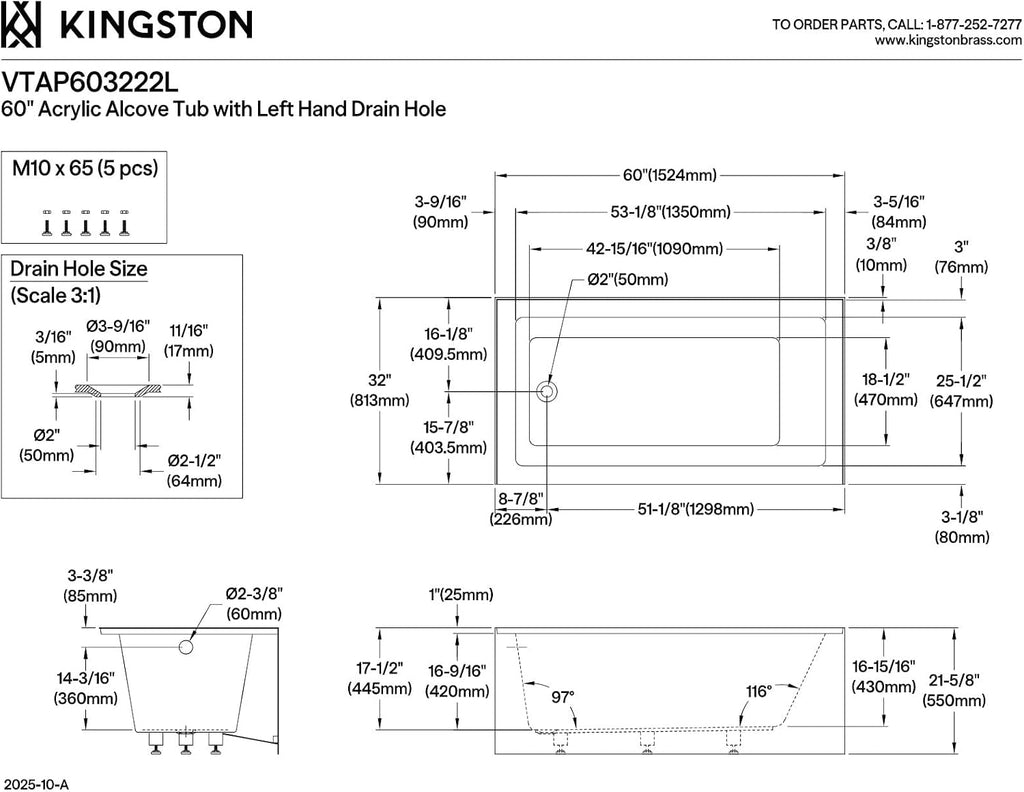 Kingston Brass VTAP603222L Aqua Eden 60-Inch Acrylic Alcove Tub with Left Hand Drain Hole, L 60" x W 32" x H 21-5/8"D, White