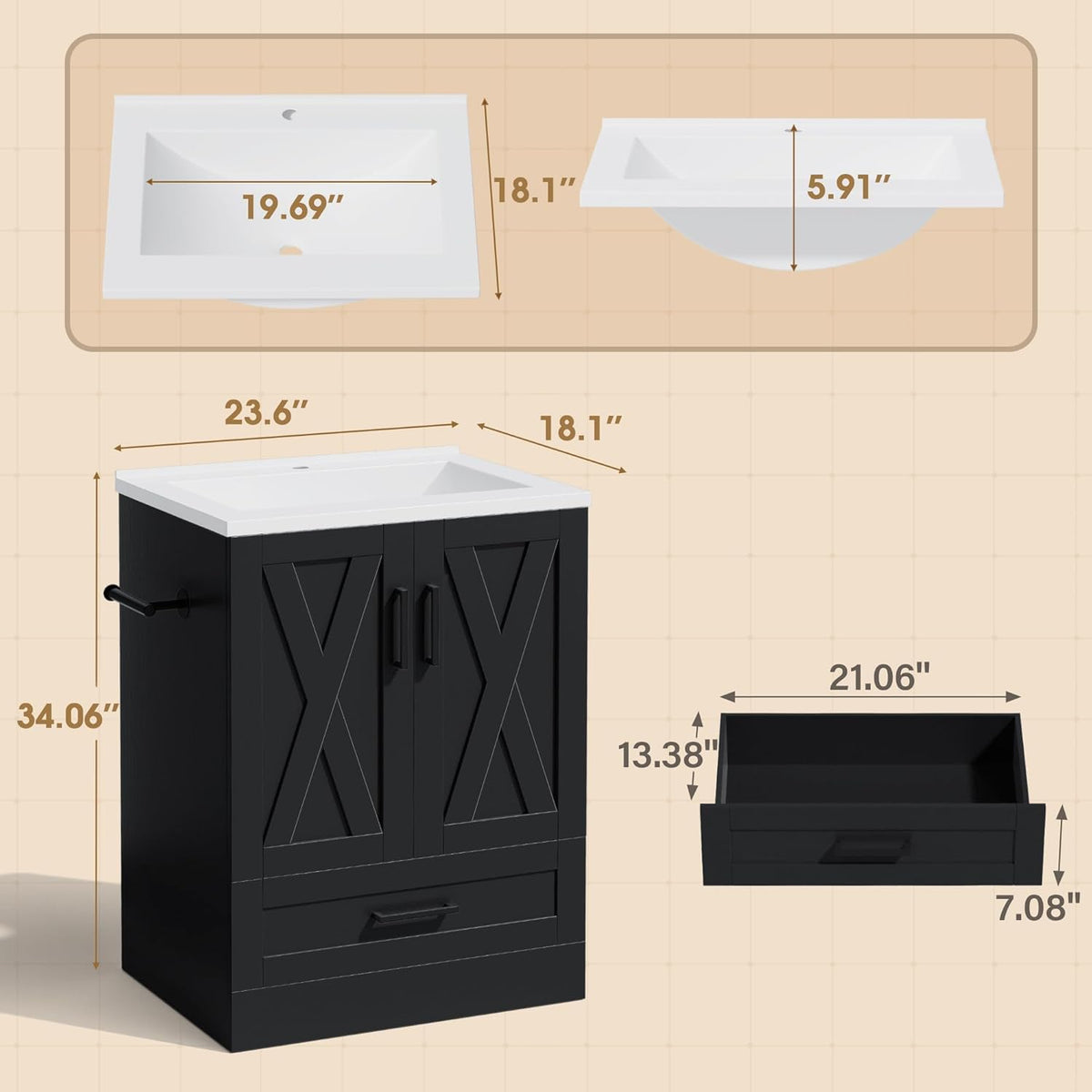 JUMMICO 24" Bathroom Vanity with Sink, Bathroom Storage Cabinet, Black