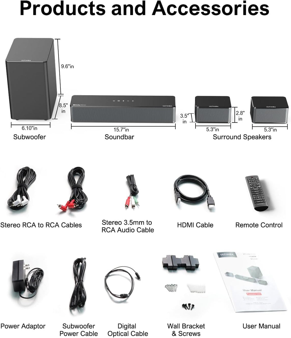ULTIMEA 5.1 Sound Bar for Smart TV w/Subwoofer, Virtual Surround Sound