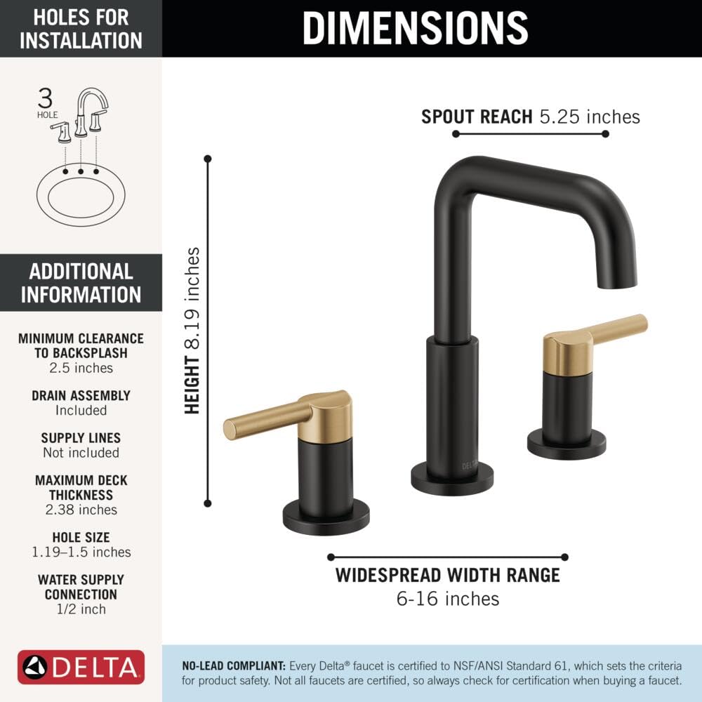 Delta Nicoli Brushed Gold Faucet 3 Hole, 8 Inch Widespread Bathroom Sink Faucet for Vanity, Push-Pop Drain Assembly, Champagne Bronze 35849LF-CZ