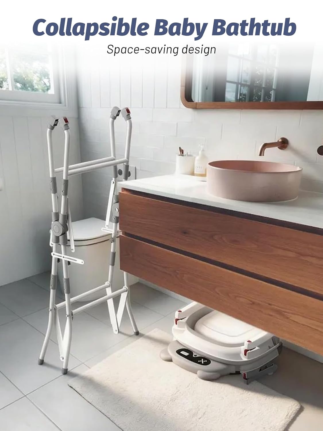Baby Bathtub with Stand, Foldable Metal Standing Baby Bath Tub, 3-in-1 Anti-Slip Collapsible Tub with Cushion Storage Pad, Elevated Design for Newborn Toddler, Gray
