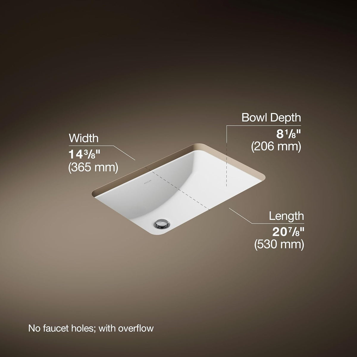 KOHLER 2214-0 Ladena Rectangular Undermount Bathroom Sink With Curved Bottom, 20-7/8" W X 14-3/8" L, White