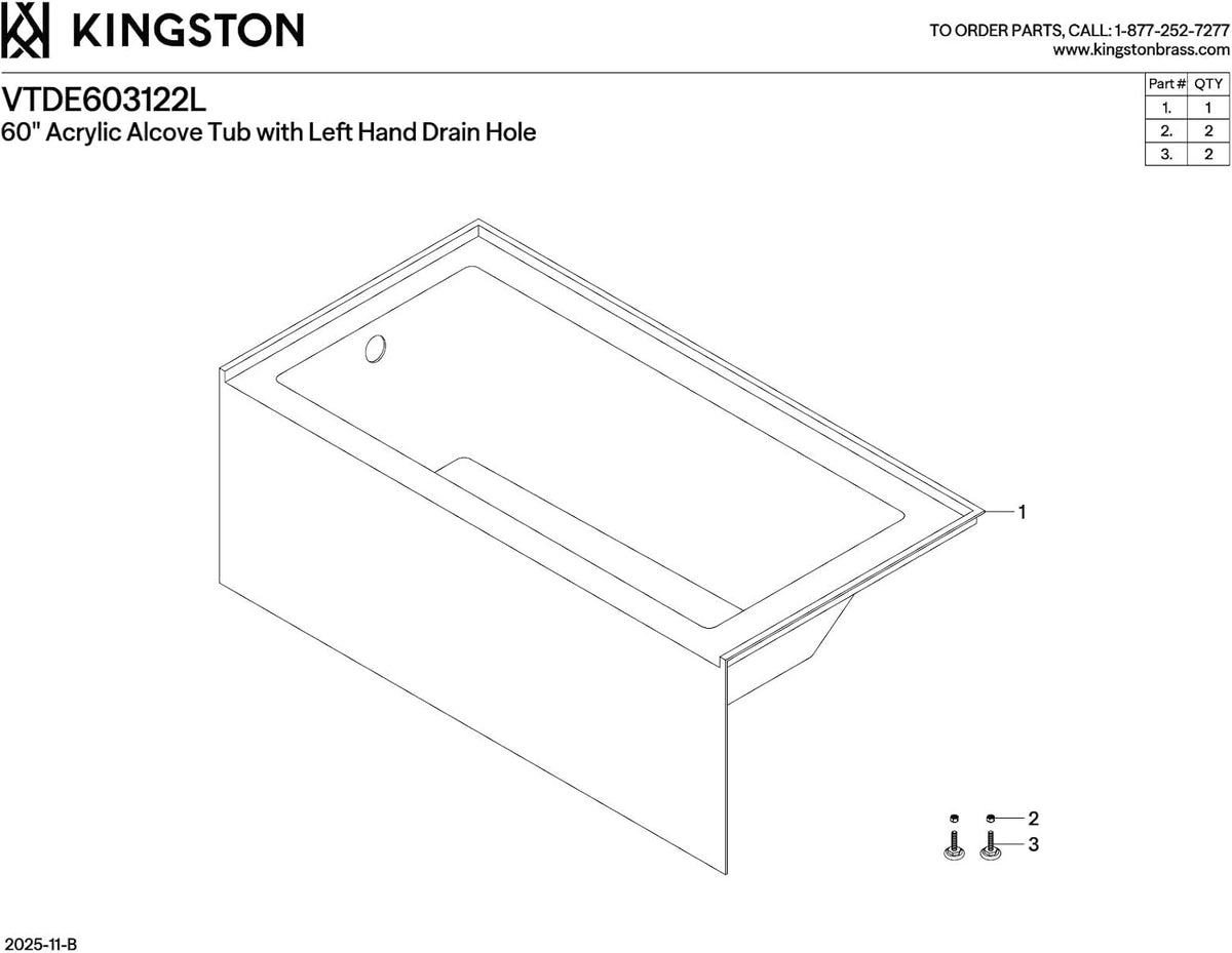 KINGSTON BRASS VTDE603122L 60-Inch Contemporary Alcove Acrylic Bathtub with Left Hand Drain and Overflow Holes, White