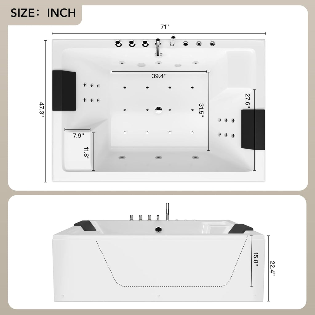 71 x 47-Inch Two-Person Whirlpool Bathtub - 30 Jets