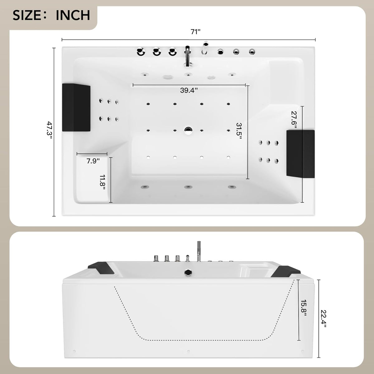 71 x 47-Inch Two-Person Whirlpool Bathtub - 30 Jets