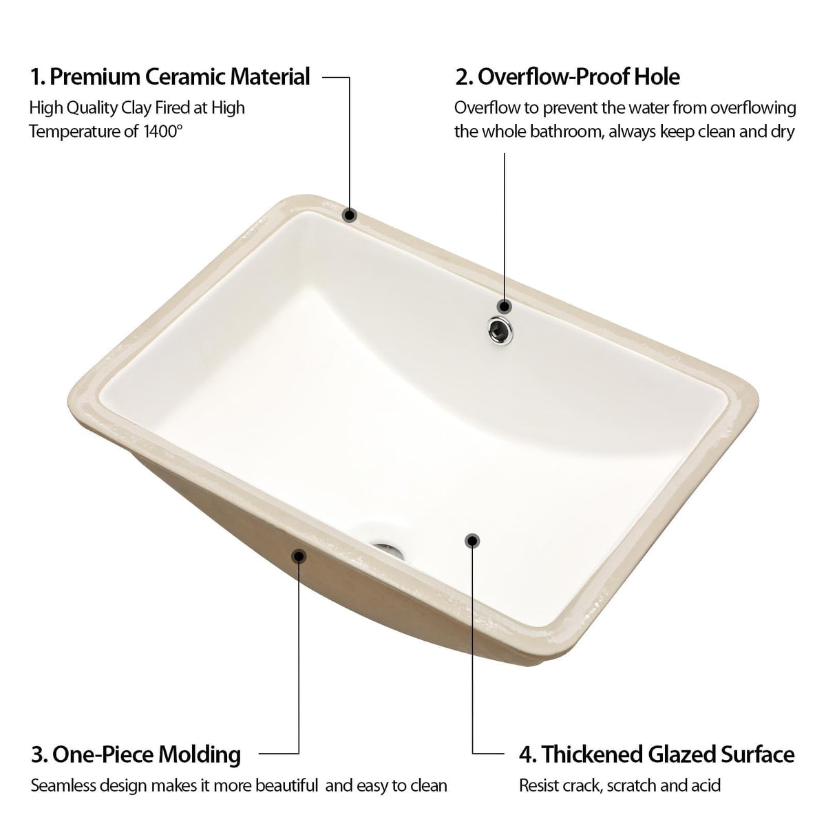 17 Inch Undermount Bathroom Sink Rectangle White