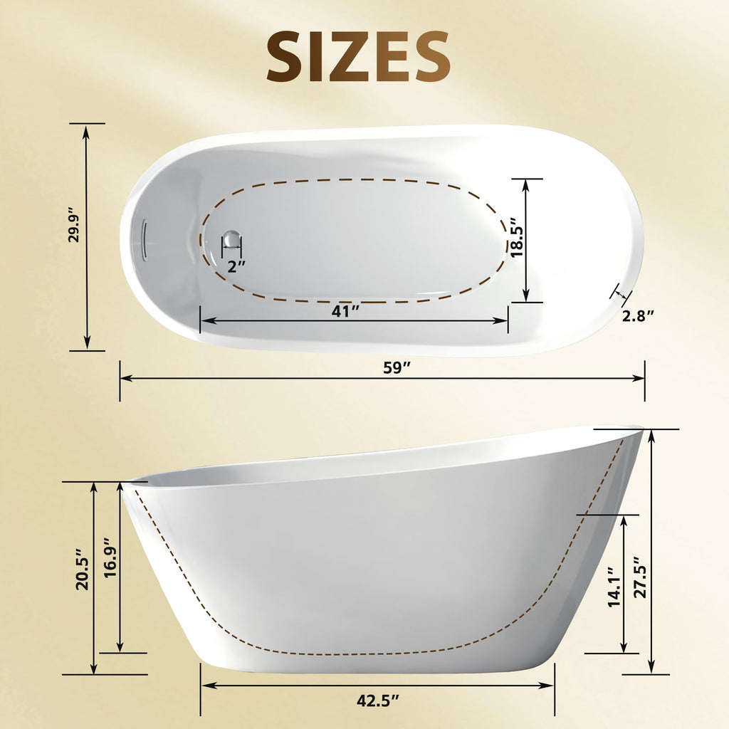 GDFStudio 67" Acrylic Freestanding Bathtub with Diamond Pattern, Modern Oval Soaking Tub, Freestanding Bath Spa Tub, Brushed Nickel Overflow & Pop-Up Drain, cUPC Certified, Glossy White
