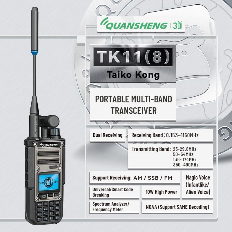 QuanSheng TK11(8) Multi-Band Walkie Talkie - 10W, NOAA Weather Alerts, 999 CH, Frequency Meter, Type-C Charging & 3000mAh Battery for Outdoor, Hiking, Emergency with Telescopic Antenna
