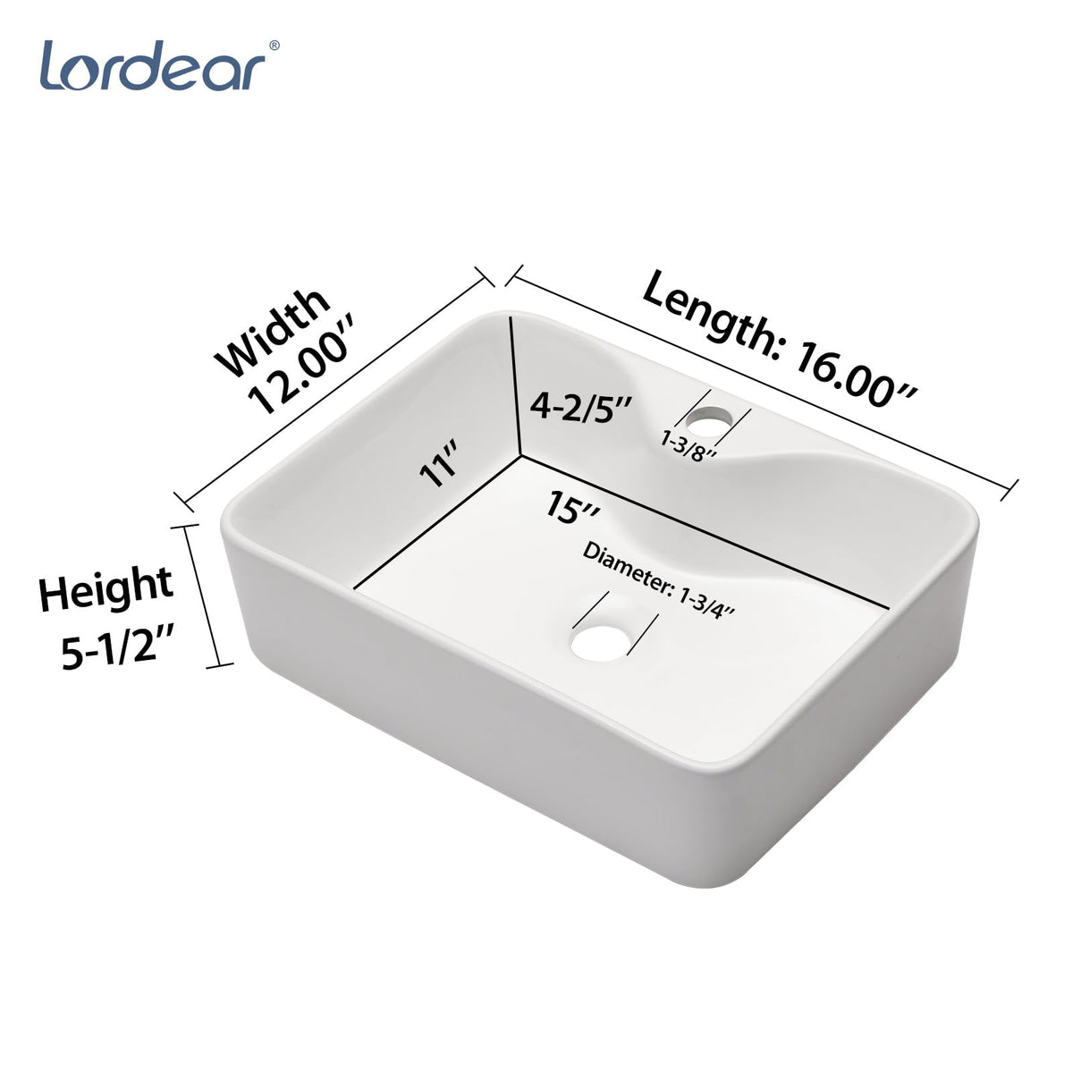 Bathroom Vessel Sink 19"x15" Rectangle Sink Above Counter White Porcelain Ceramic Modern Vanity Sink Art Basin with Faucet Hole