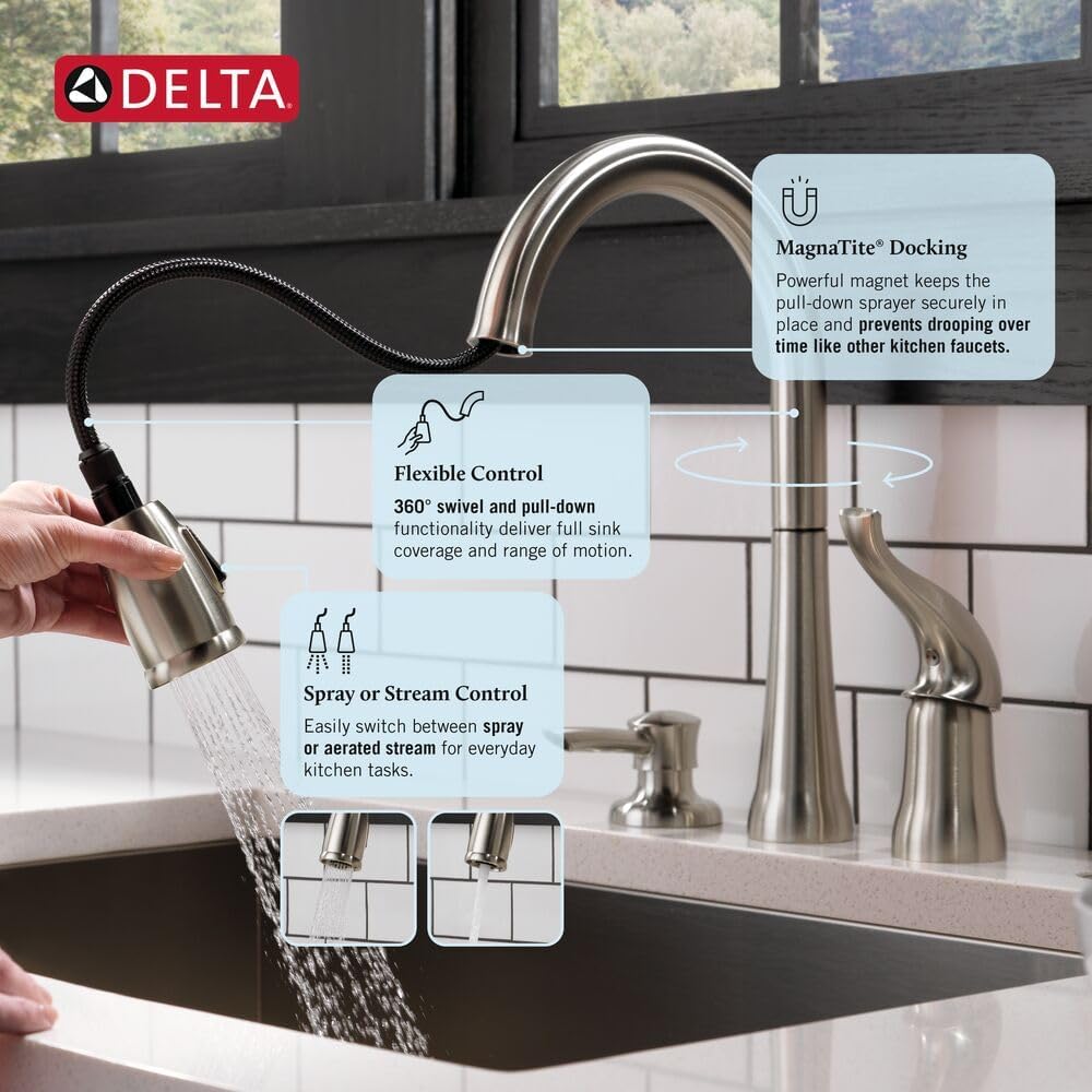 Delta Kate Brushed Nickel Kitchen Faucet with Pull Down Sprayer and Soap Disperser, Modern Two Hole Kitchen Sink Faucet, Single Handle, Stainless 16970-SSSD-DST