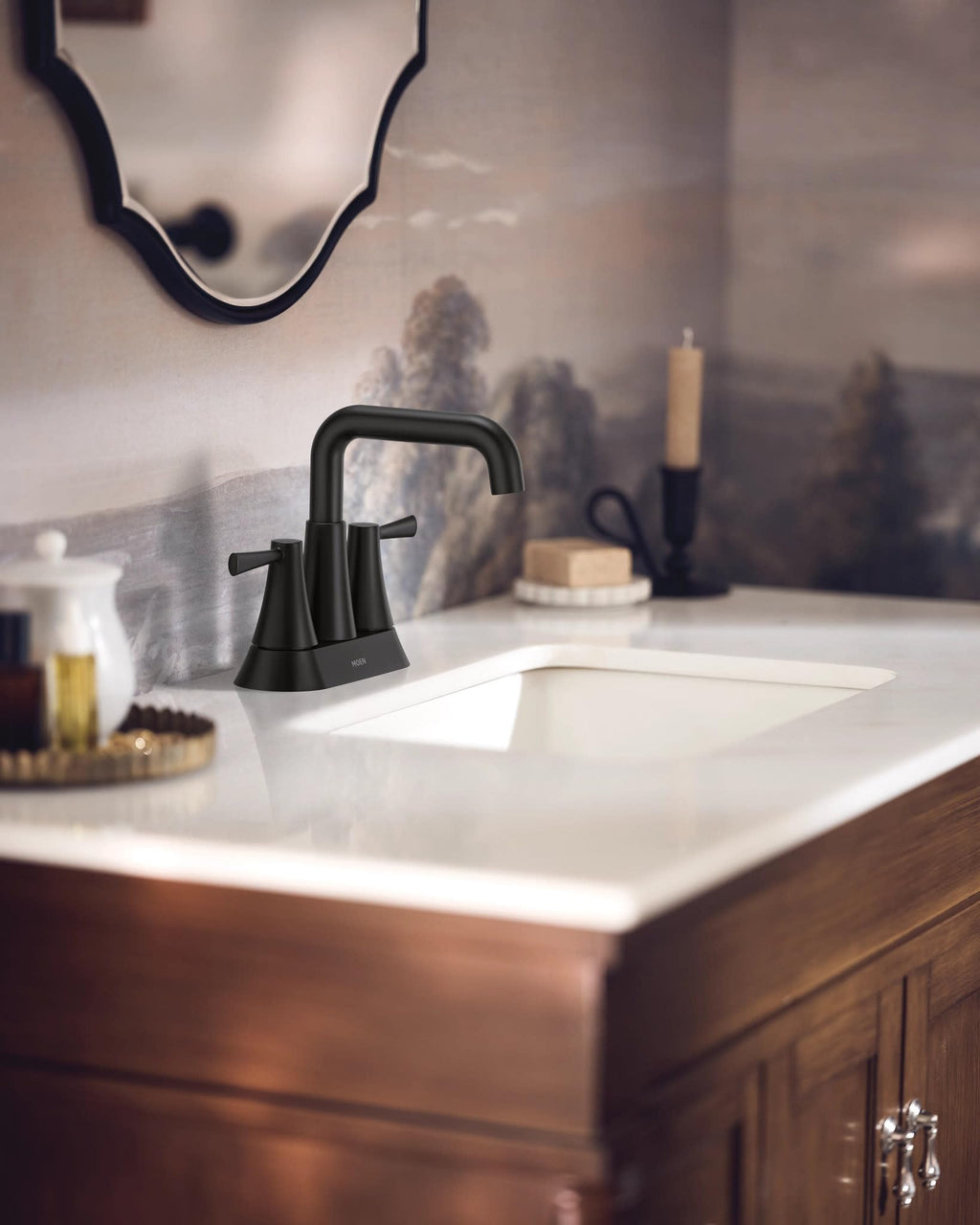 Moen Ronan Matte Black Double Bend Single Hole Modern Bathroom Sink Faucet with Optional Deckplate and Spring Loaded Drain Assembly, 84024BL
