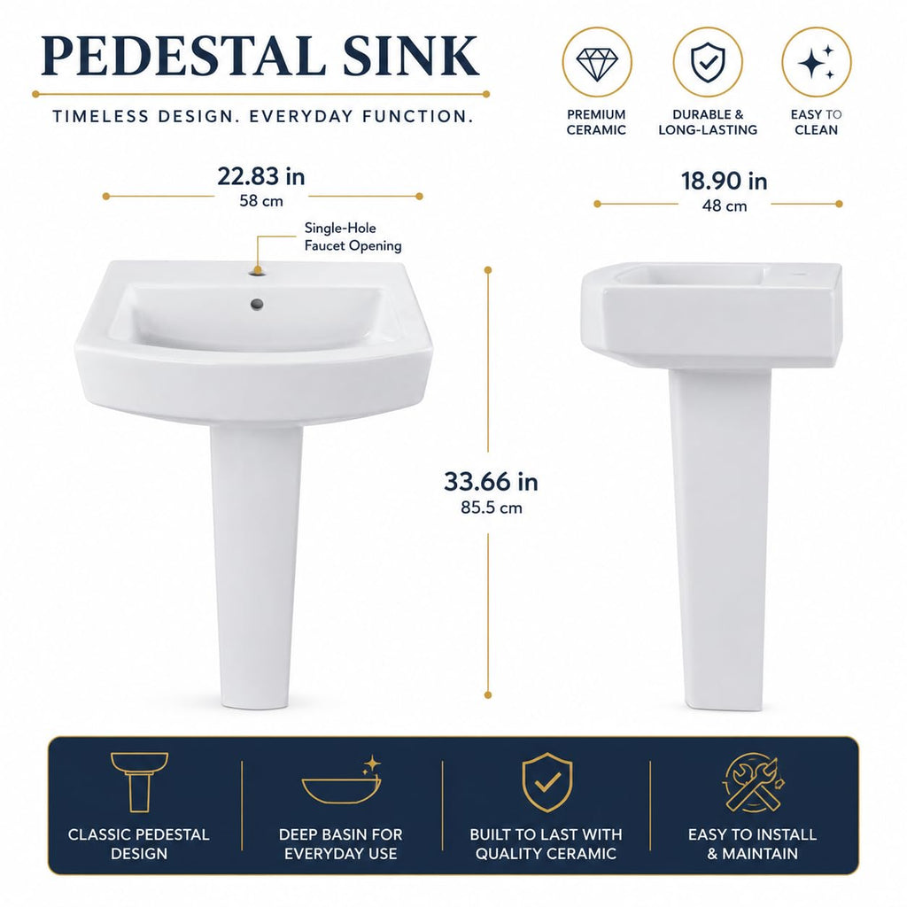 Garvee White Ceramic Pedestal Bathroom Sink, Single Hole Freestanding Basin