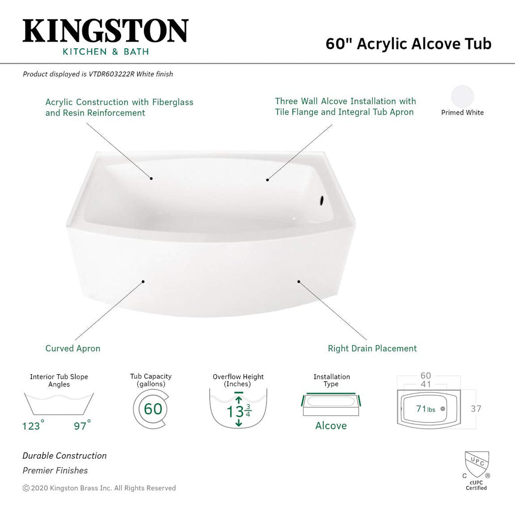 Aqua Eden VTAP603222R 60-Inch Acrylic 3-Wall Alcove Tub with Right Hand Drain Hole, White