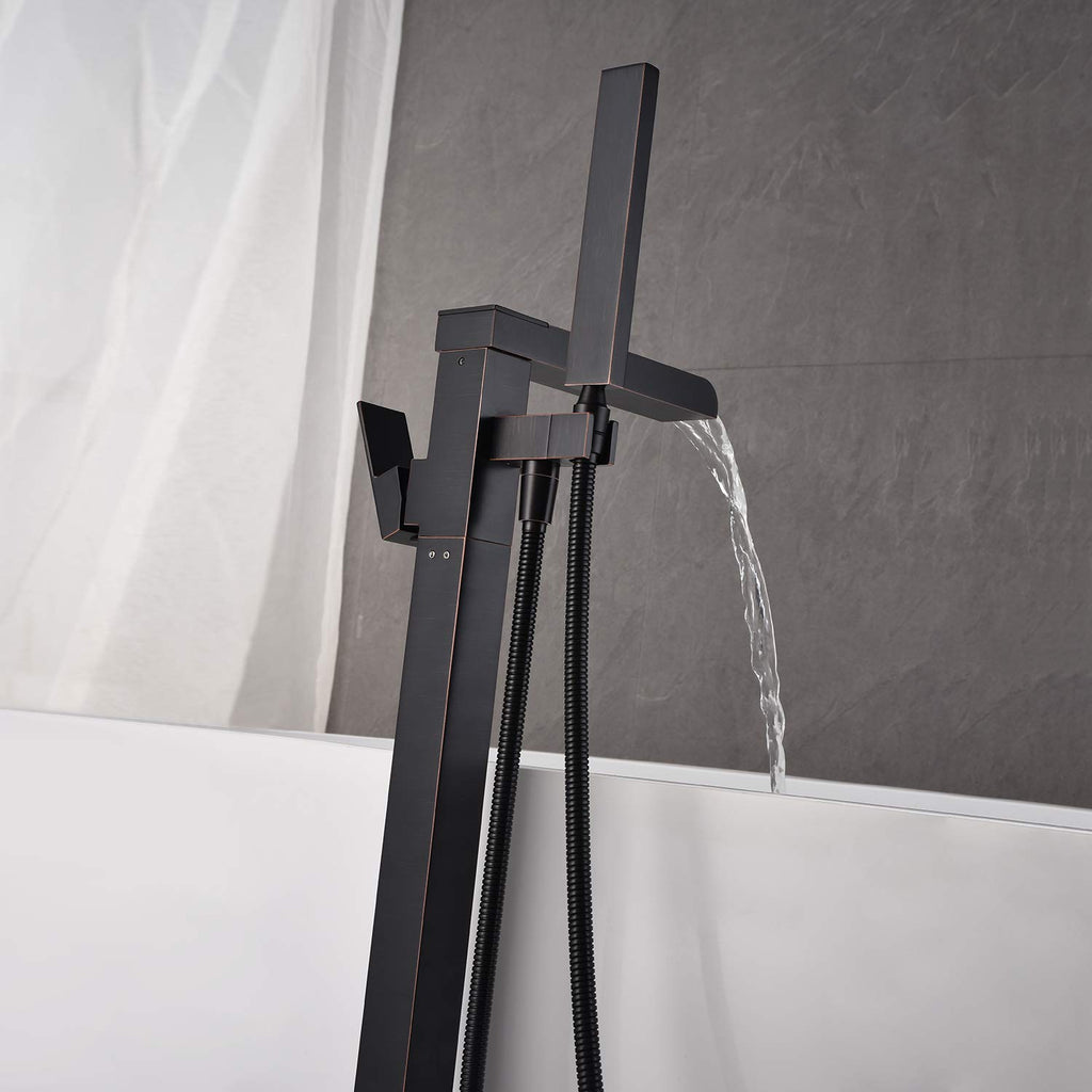 Wowkk Waterfall Tub Filler Freestanding Bathtub Faucet Black Floor Mount Brass Single Handle Bathroom Faucets with Hand Shower