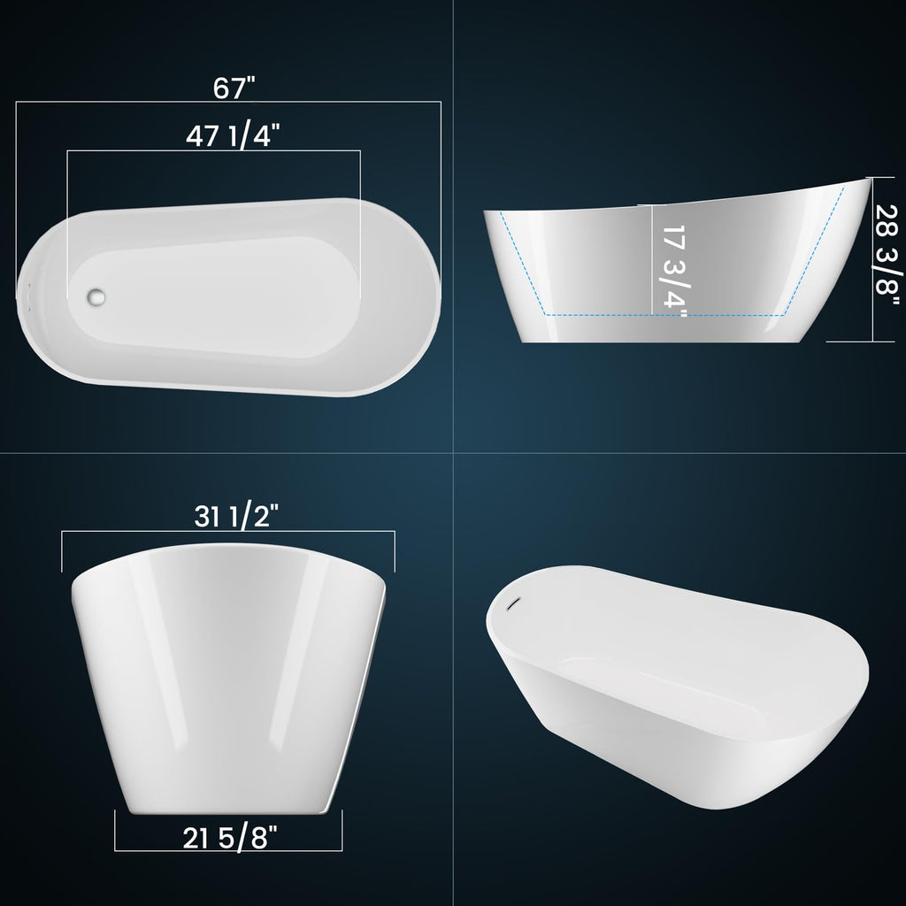 Freestanding Bathtub 59 inch Acrylic Free Standing Tub 59 Inch, Free Standing Tub with Chrome Drain & Overflow, Ergonomic Stand Alone Tub for Small Bathroom or Home Spa