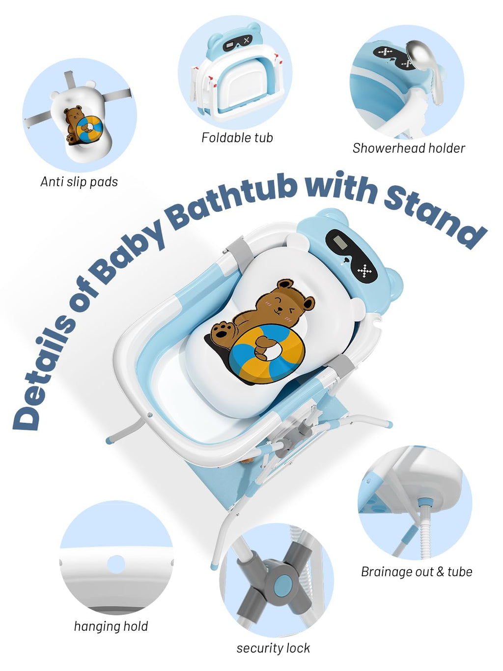 Baby Bathtub with Stand, Foldable Metal Standing Baby Bath Tub, 3-in-1 Anti-Slip Collapsible Tub with Cushion Storage Pad, Elevated Design for Newborn Toddler, Gray