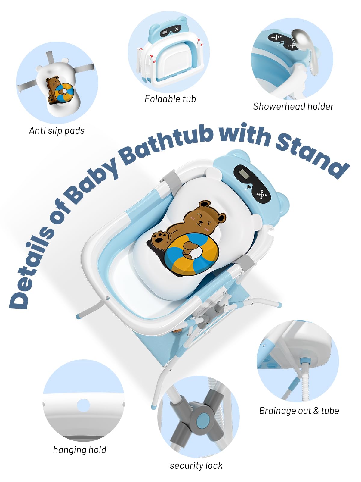 Baby Bathtub with Stand, Foldable Metal Standing Baby Bath Tub, 3-in-1 Anti-Slip Collapsible Tub with Cushion Storage Pad, Elevated Design for Newborn Toddler, Gray