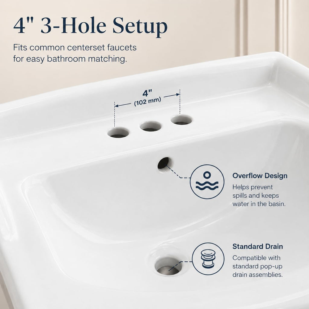 Garvee White Ceramic Pedestal Bathroom Sink, Single Hole Freestanding Basin
