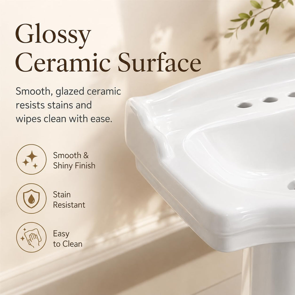 Garvee White Ceramic Pedestal Bathroom Sink, Single Hole Freestanding Basin