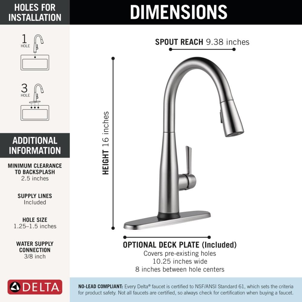 Delta Essa Brushed Nickel Kitchen Faucet with Pull Down Sprayer, Modern Single Hole Kitchen Sink Faucet, Single Handle, Arctic Stainless 9113-AR-DST
