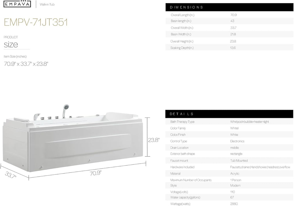 Empava Tub, 71" Jetted Bathtub with Air Bubble Massage & Inline Heater
